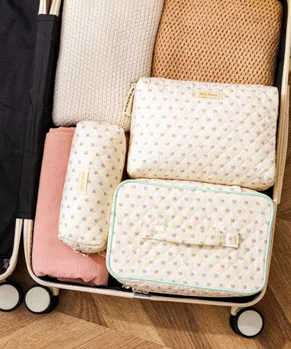 Vista 3 de HBselect Bolsa de maquillaje acolchada, 3 piezas de algodón grande, bolsa de maquillaje de viaje, bonita bolsa de maquillaje floral de coqueta