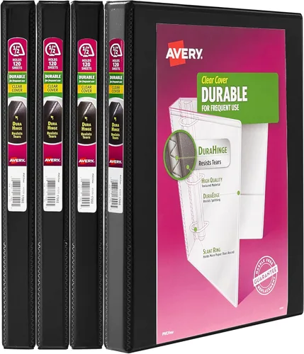 Avery Carpetas duraderas de tapa transparente de 3 argollas inclinadas de 0.5 pulgadas, capacidad de 135 hojas, lomo de 0.7 pulgadas de ancho,