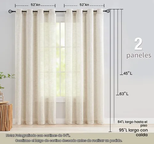 Vista 6 de Cortinas semitraslúcidas con textura de lino de 45 pulgadas, color beige natural, casa de campo rústica 2 Natural - Ojales superiores
