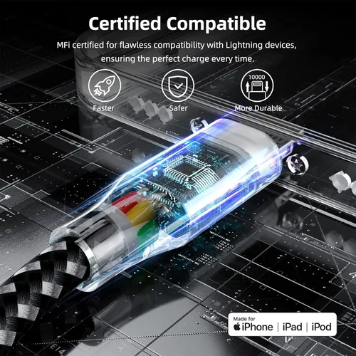 Vista 2 de Cable de carga para iPhone de carga rápida, paquete de 3 unidades de 10 pies, cable Lightning certificado MFi de Apple, cable de carga para iPhone