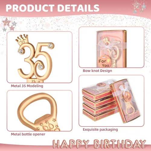 Vista 3 de 24 cajas de abrebotellas de cumpleaños con temática de oro rosa, adecuado para regalos de fiesta de boda, regalos de fiesta de cumpleaños