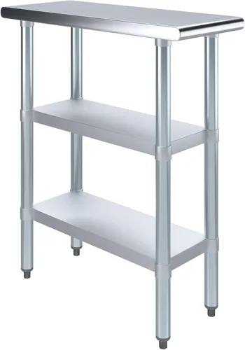 Vista 24 de AmGood Mesa de trabajo de acero inoxidable con 2 estantes NSF Mesa utilitaria de metal (12 pulgadas de largo x 24 pulgadas de profundidad)