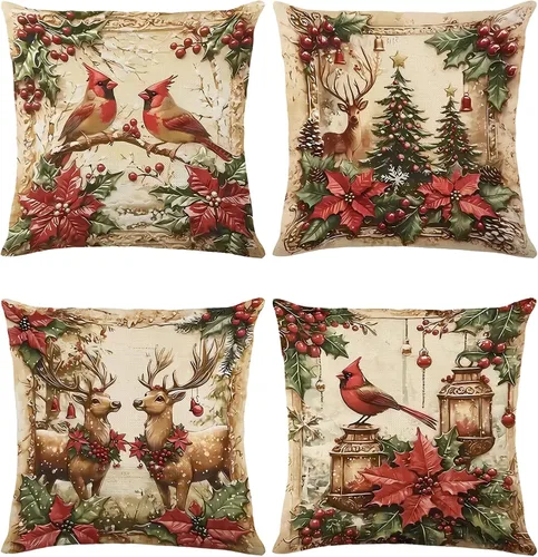 Juego de 4 fundas de almohada de Navidad de 16 x 16 pulgadas, fundas de almohada vintage de lino americano con pájaros cardenales y árbol, fundas