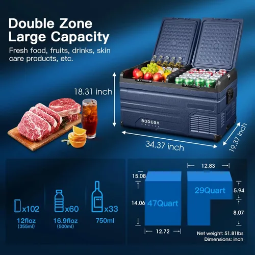 Vista 2 de BODEGACOOLER Refrigerador de Auto de 12 Voltios, Control de APP de Doble Zona, Diseñado con Congelador Portátil de Puerta Removible de 2 Vías, 75
