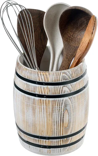 Vista 10 de MyGift Crock para Utensilios de Cocina con Diseño de Barril de Vino, Soporte de Herramientas de Cocina de Madera Quemada Vintage Rústica