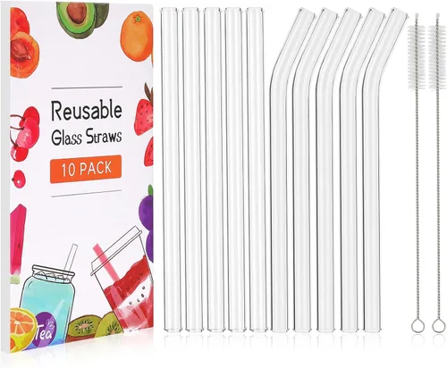 Vista 8 de 10 popotes Boba de vidrio reutilizables, 0.354 x 0.551 in de ancho, para té de burbujas, batidos, juego de 5 rectas y 5 dobladas con 2 cepillos
