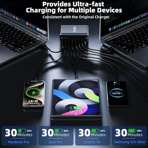 Vista 6 de 320W Carga Rápida Bloque de Cargador USB C de 8 Puertos, Estación de Carga USB Multi-Dispositivo Cargador de Pared de Escritorio con Tecnología GaN