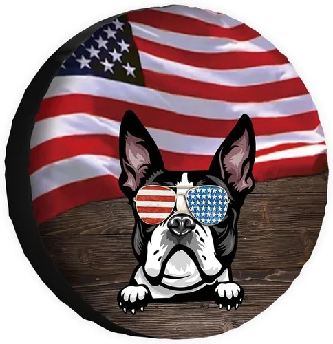 Vista 25 de Cubierta de neumático de repuesto para perro, Basset Hound con gafas de sol, con bandera de Estados Unidos, fundas protectoras de ruedas a prueba