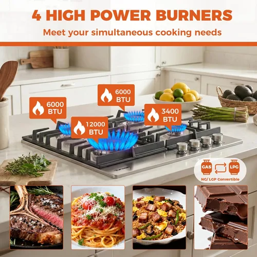 Vista 3 de TOPWISH Estufa de gas de 24 pulgadas, estufa de propano con 4 quemadores de 27,400 BTU, NG/LPG, estufa convertible de acero inoxidable integrada