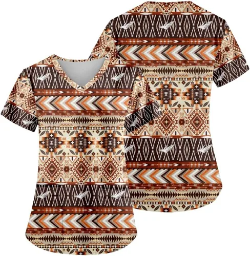 Vista 3 de AMOMA Camisa de enfermería con cuello en V para mujer, manga corta, con estampado azteca, con dos bolsillos