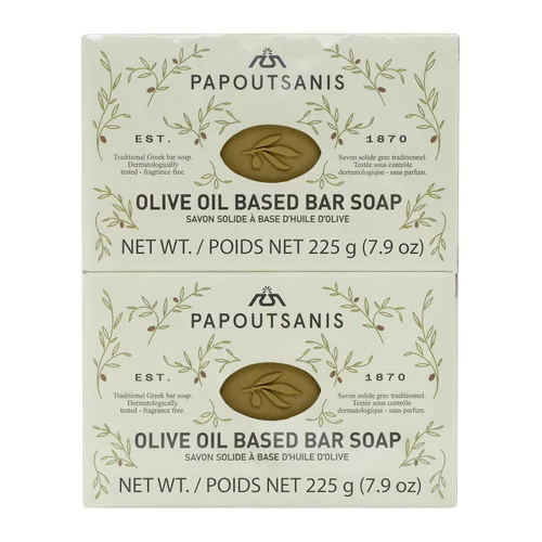 Papoutsanis Barra de jabón a base de aceite de oliva griego, natural y puro a base de plantas, sin perfume, hipoalergénica, fórmula nueva y mejorada