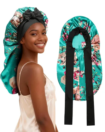 Vista 11 de AWAYTR Gorro largo de satén para trenzas, gorro elástico de seda para dormir, banda de amarre elástica para mujer (negro)