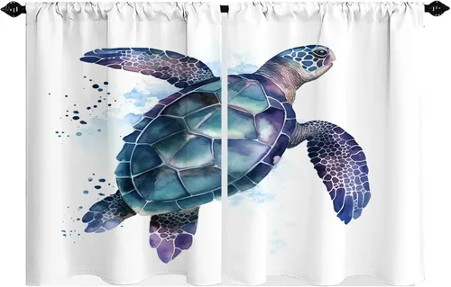 Vista 12 de Cortinas cortas de playa con diseño náutico de tortugas marinas y estrellas de mar para dormitorio, juego de 2 paneles de 27.5 pulgadas de ancho x