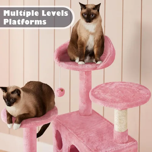 Vista 4 de Yaheetech Torre de árbol para gatos de 54 pulgadas, árbol de varios niveles para gatos de interior con postes rascadores, bolas colgantes, casa