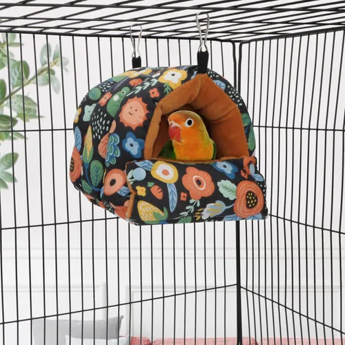 Vista 2 de Wontee Casa Nido de Pájaros Refugio Cálido de Invierno Cabaña Acogedora Cama para Pájaros Hamaca Colgante para Loros Periquitos Australianos Negro