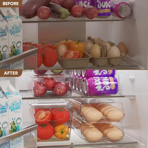 Vista 6 de theaoo Soporte para huevos para refrigerador, contenedor de huevos enrollable automático para refrigerador, dispensador de huevos de plástico