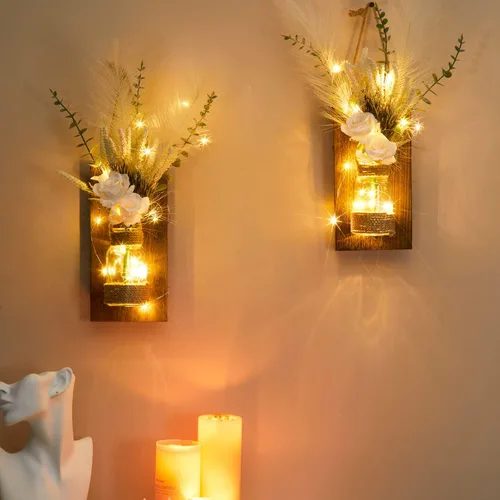 Vista 4 de Anna's Whimsy 2PACK Candelero de Tarro de Albañil para Decoración de Pared Rústico con Control Remoto y Luces LED de Fantasía - Flores Artificiales