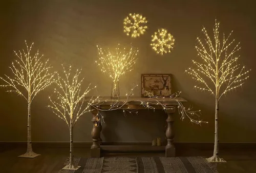 Vista 7 de Hairui Árbol de abedul iluminado con 200 luces multicolor y luces de hadas blancas cálidas, 8 funciones, 4 pies, árbol de ramitas blancas con luces