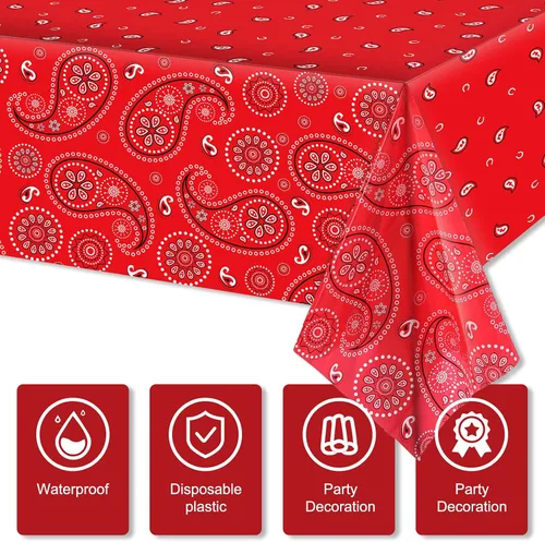 Vista 3 de Mantel rectangular de plástico con estampado de cachemira para fiestas temáticas de vaquero occidental, 108 x 54 pulgadas (rojo, paquete de 3)