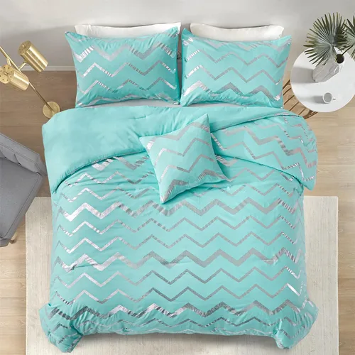 Vista 3 de Menghomeus Juego de edredón Aqua tamaño individual, edredón metálico verde azulado y plateado, ropa de cama de microfibra suave de 3 piezas