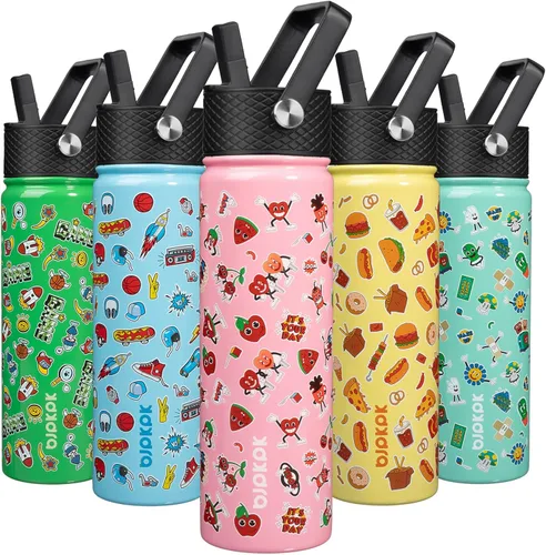 Vista 20 de BJPKPK Botella de agua con tapa con pajilla, botella de agua aislada de 15 onzas, botellas de agua de metal de acero inoxidable, termo reutilizable