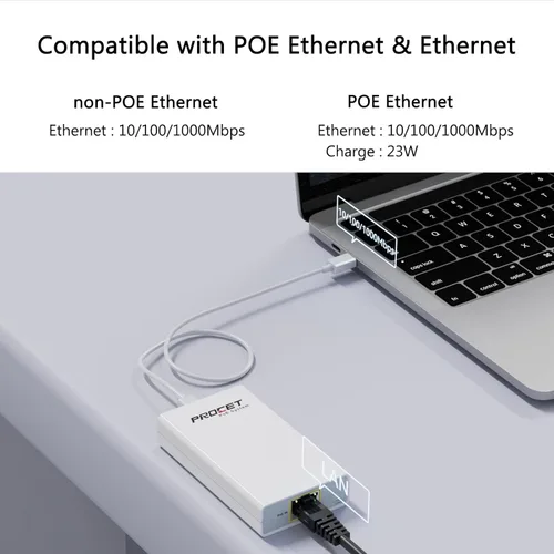 Vista 3 de Convertidor Gigabit PoE a USB C para teléfono inteligente/tableta, adaptador USB-C a Ethernet con carga de 23 W, alimentación y datos 2 en 1 puerto