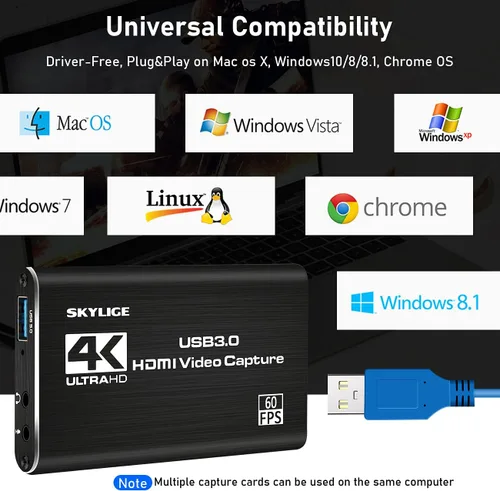 Vista 5 de Tarjeta de captura, 4K HDMI Audio Video Capture Card con Loop-Out, 1080P 60FPS juego Live Streaming Caputre Dispositivo para Nintendo SwitchPS4Xbox
