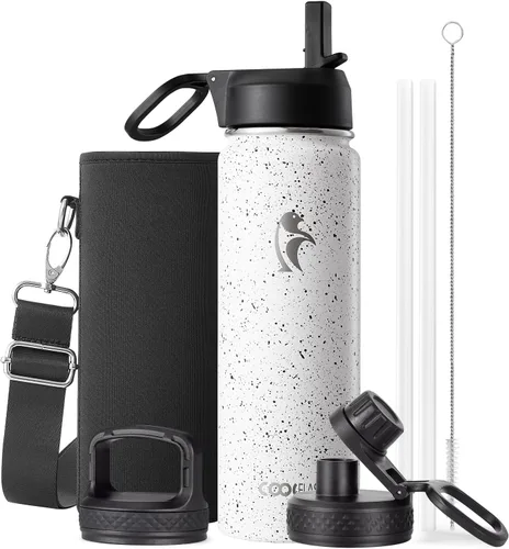 Vista 24 de Coolflask - Botella de agua de 64 onzas aislada, con popote y 3 tapas, de acero inoxidable con boca ancha, libre de BPA, mantiene las bebidas frías