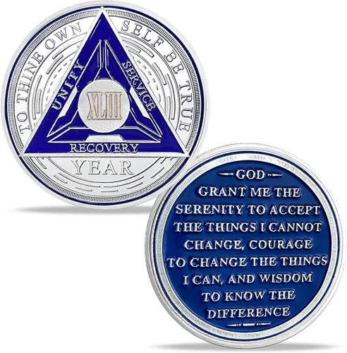 Vista 33 de Juego de monedas de sobriedad triangulares originales de 1 año Medallón AA de número romano plateado con cápsula protectora Ficha de aniversario