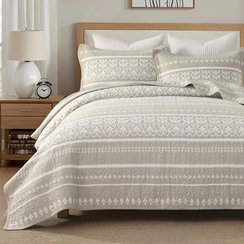 Juego de edredón 100% algodón tamaño Queen – Juego de ropa de cama bohemio beige y blanco – Juego de edredón bohemio a rayas con 2 fundas de