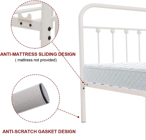 Vista 23 de TEMMER - Cama con estructura de tubos de metal de tamaño queen con cabecera, piecera y base de colchón de plataforma única, 8013 8033 8018.