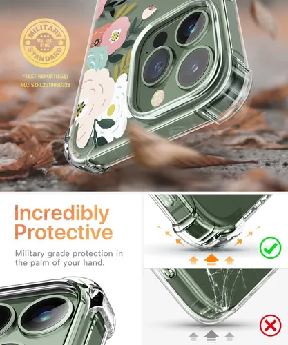 Vista 3 de GVIEWIN - Funda compatible con iPhone 13 Pro de 6.1 pulgadas, cubierta de TPU suave, transparente floral, cubierta protectora a prueba de golpes