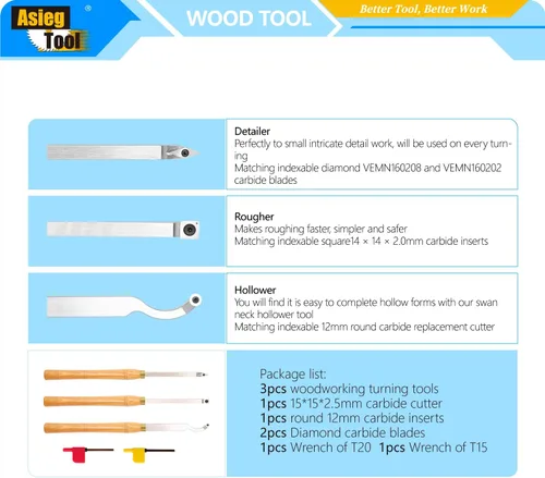 Vista 4 de AT03 Herramientas de torneado de madera con punta de carburo, juego de torno más áspero detallador de cuello de cisne con mango de madera maciza e