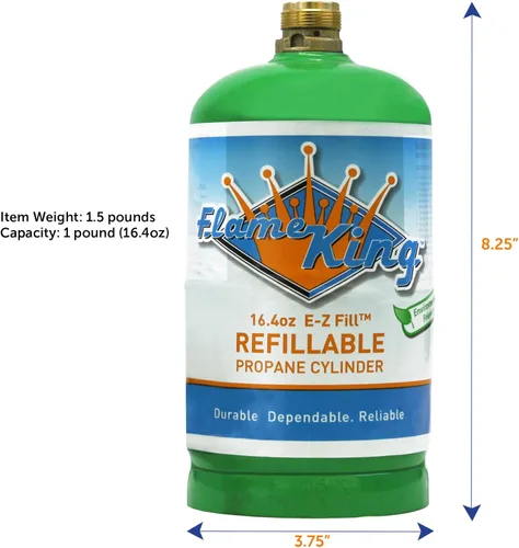 Vista 6 de Flame King – Cilindro de propano recargable de 1 lb (16.4 oz) vacío, opción de recarga reutilizable, segura y legal, cumple con DOT, para acampar