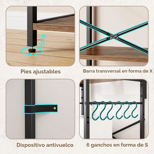 Vista 8 de SUPERJARE Estante de panadero de cocina con toma de corriente, mesa de bar de café de 4 niveles, soporte de microondas de cocina con 6 ganchos