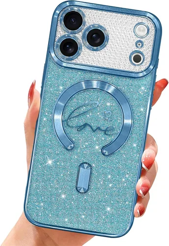 Vista 48 de Funda magnética transparente con purpurina para iPhone 14, compatible con Magsafe, diseño de corazón de amor, chapado de lujo, protector completo