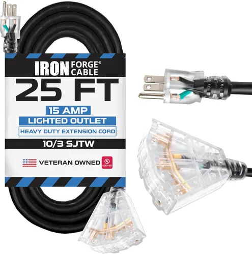 Vista 20 de Iron Forge Cable 3 ft Lighted 10 Gauge Extension Cord 3 Outlets - Heavy Duty Extension Cord Outdoor with Multiple Outlets 15 AMP, 10/3 Black Power