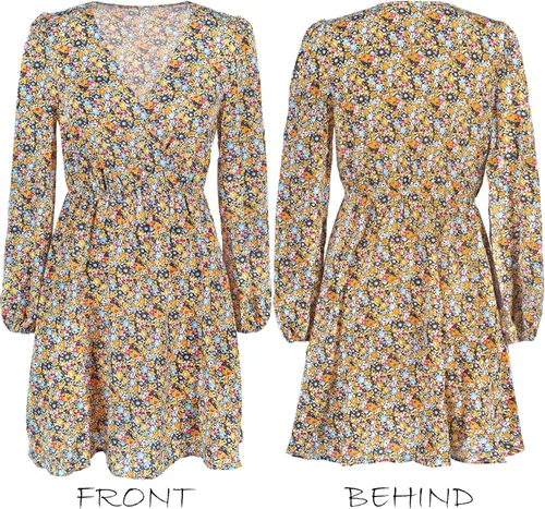 Vista 5 de CUPSHE Mini vestido floral con volantes, manga campesina, vestido de otoño, casual, vacaciones Negro