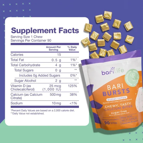 Vista 3 de Masticables de Citrato de Calcio Bariátrico con 1000 UI de Vitamina D3 - Ideal para Pacientes Bariátricos - BariBurst de Bari Life