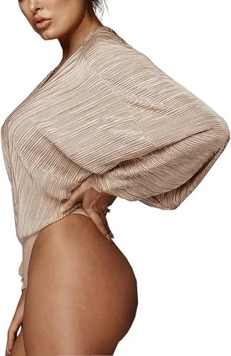 Vista 2 de Weigou - Body o enterizo de manga larga con cuello en V plisado holgado para mujer camisas de leotardo