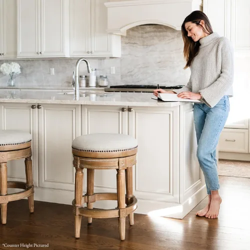 Vista 16 de Maven Lane Pullman Silla de cocina giratoria de madera de 180 grados, sin espalda, 30 pulgadas de alto, con borde de cabeza de clavo, acabado