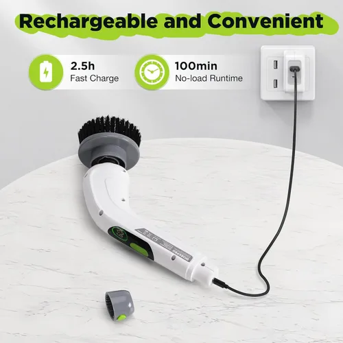 Vista 7 de WORKPRO Limpiador eléctrico giratorio, cepillo de limpieza inalámbrico, 3 velocidades, mango largo ajustable y 8 cabezales de cepillo reemplazables