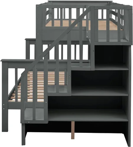 Vista 12 de TRIPLE TREE Litera individual sobre matrimonial para niños, marco de cama de madera maciza con barandilla de almacenamiento y protección