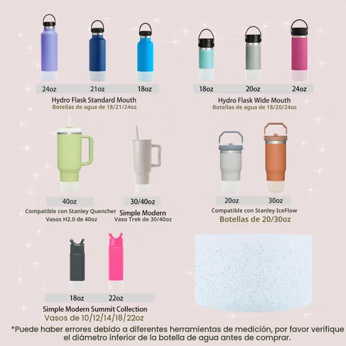 Vista 5 de Funda protectora de silicona con purpurina WORBSS para taza Stanley Cup H2.0 de 20, 30, 40 onzas y botella Hydro Flask de 18-24 onzas con cubierta