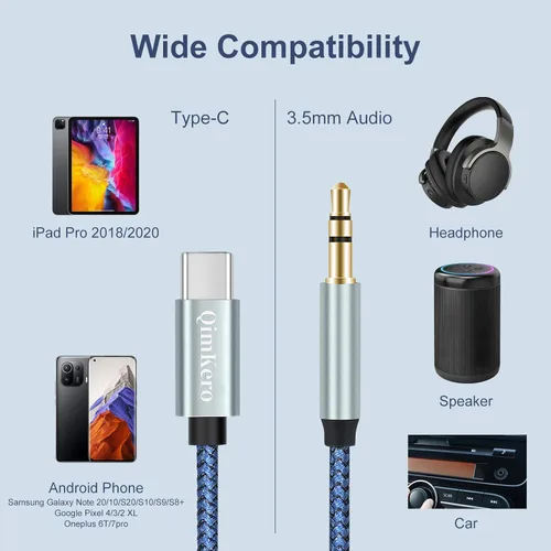 Vista 2 de QimKero Cable USB C a conector auxiliar de audio de 0.138 in (paquete de 2) - USB C a 0.138 in para auriculares estéreo de automóvil compatible