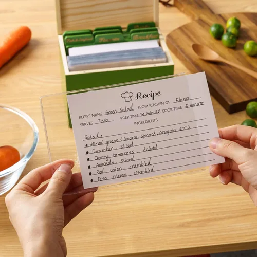 Vista 6 de Caja de recetas de madera con tarjetas y separadores de madera, tapa con soporte para teléfono y soporte para tarjetas de recetas, 100 tarjetas