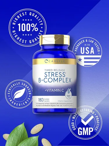 Vista 6 de Carlyle Stress B-Complex Vitamina 180 cápsulas vegetarianas con vitamina C Suplemento sin OMG y sin gluten