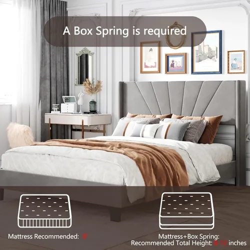 Vista 3 de Base de cama de plataforma tamaño Queen con cabecera tapizada de terciopelo y soporte de listones de madera, cama y cabecera tamaño Queen, no Gris