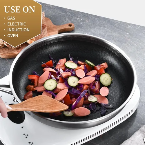 Vista 13 de Inqibee Sartén híbrida de acero inoxidable de tres capas de 8 pulgadas con tapa, sartén antiadherente, sartén, sartén de chef de inducción
