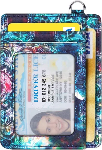 Vista 9 de Cartera delgada con bolsillo frontal RFID para tarjetas de identificación, bonita cartera pequeña con llavero para mujer